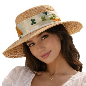 Kate Lord Straw Boater Hat Buttery Fly Ribbon Wide Brim Straw Sun Summer Hat